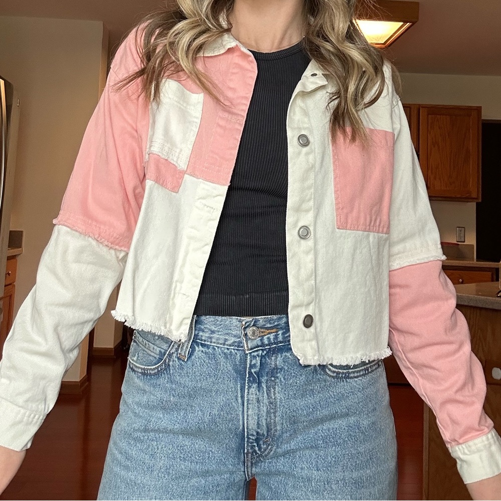 Francesca's Collections Pink and White Jean Jacket
